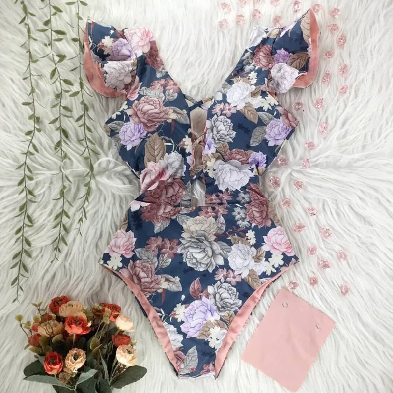 Flattering Floral Print Ruffled One Piece Summer Beach Swimsuits
