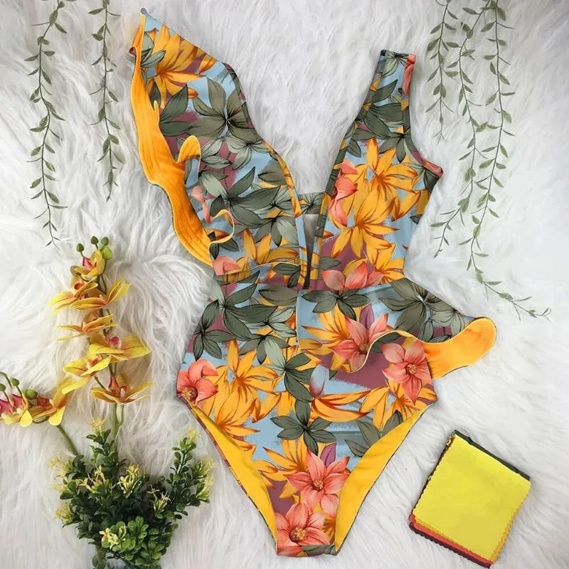 Flattering Floral Print Ruffled One Piece Summer Beach Swimsuits
