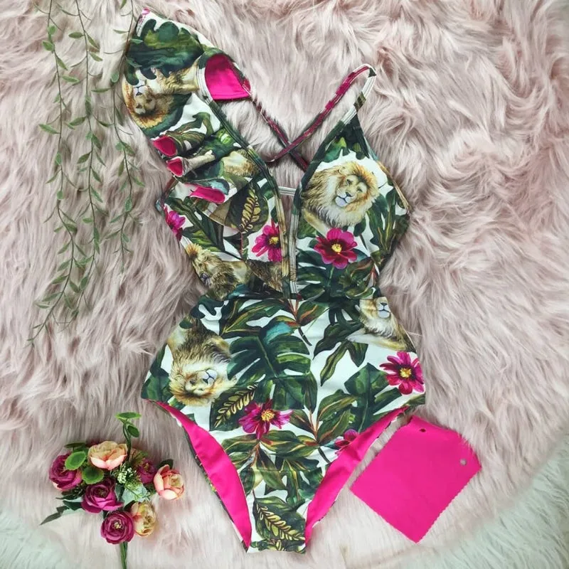 Flattering Floral Print Ruffled One Piece Summer Beach Swimsuits
