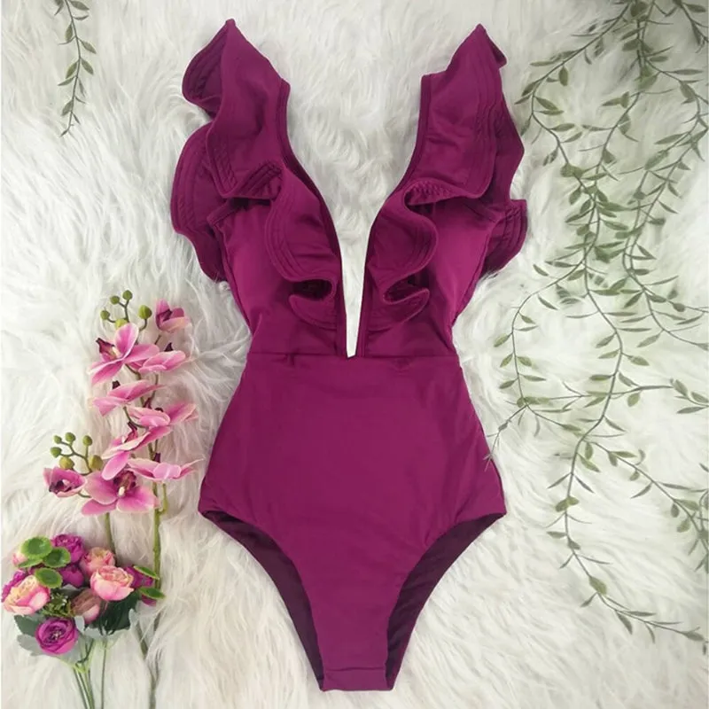 Flattering Floral Print Ruffled One Piece Summer Beach Swimsuits