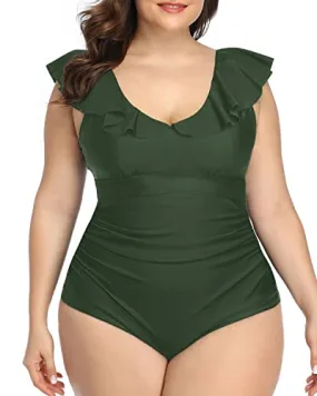 Flattering Ruffled Plus Size V-Neck Swimsuit-Army Green