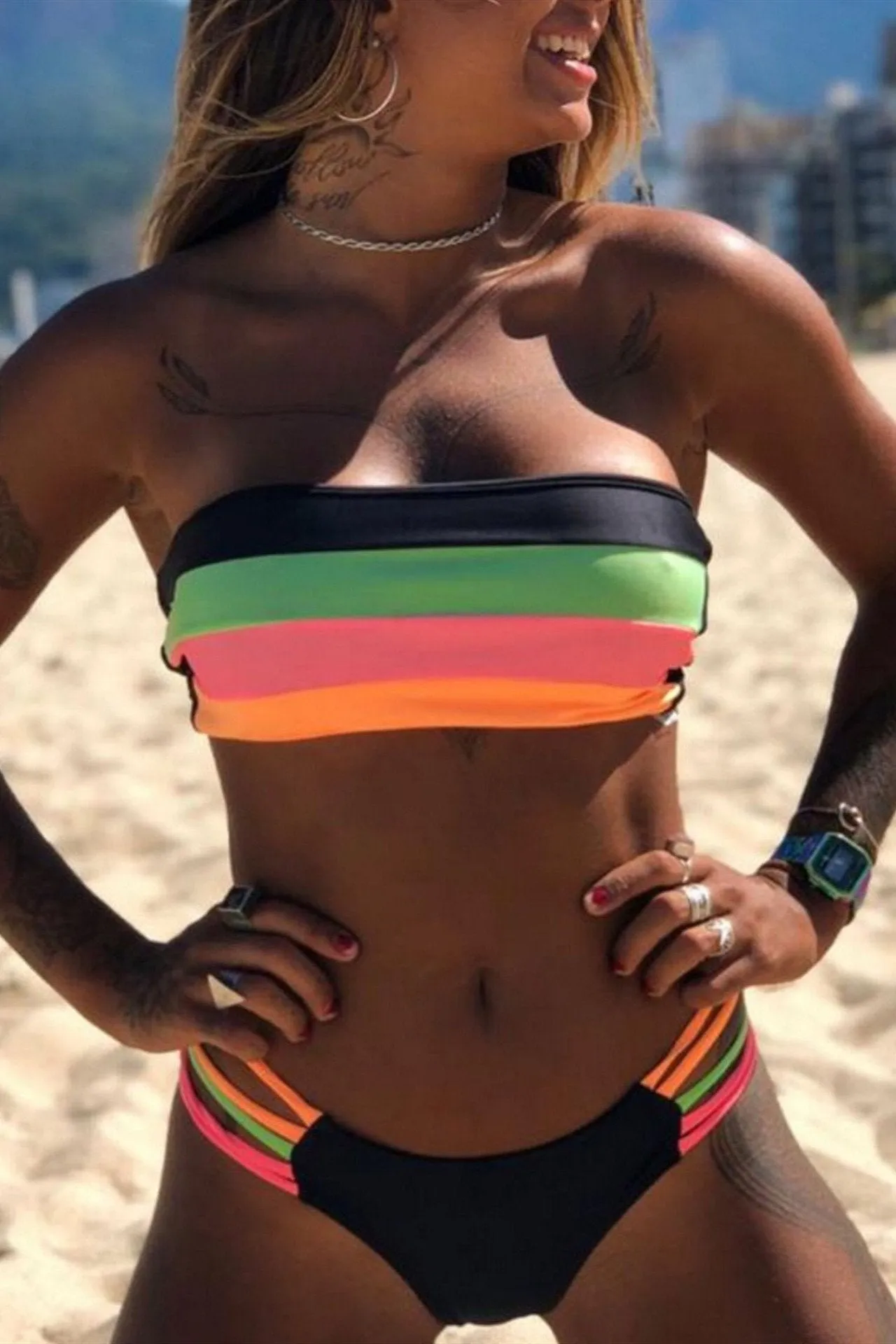 Florcoo Bandeau Rainbow Striped Bikini Set (3 Colors)
