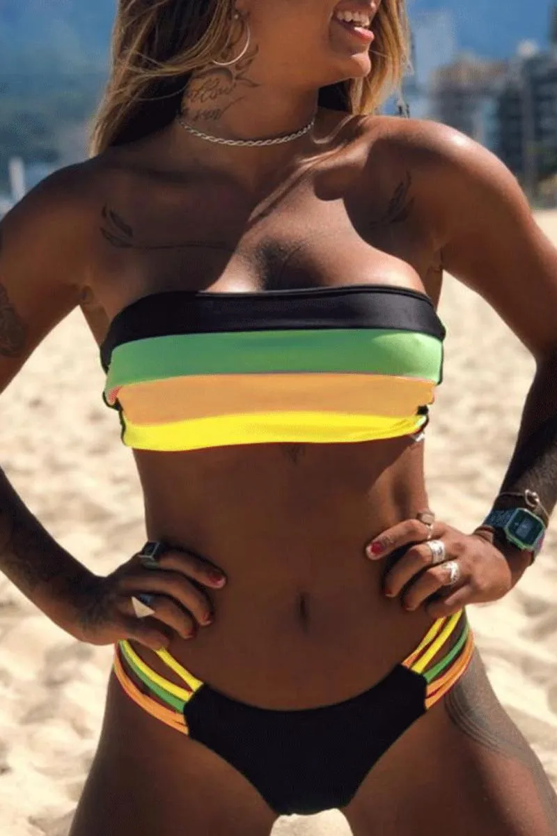 Florcoo Bandeau Rainbow Striped Bikini Set (3 Colors)