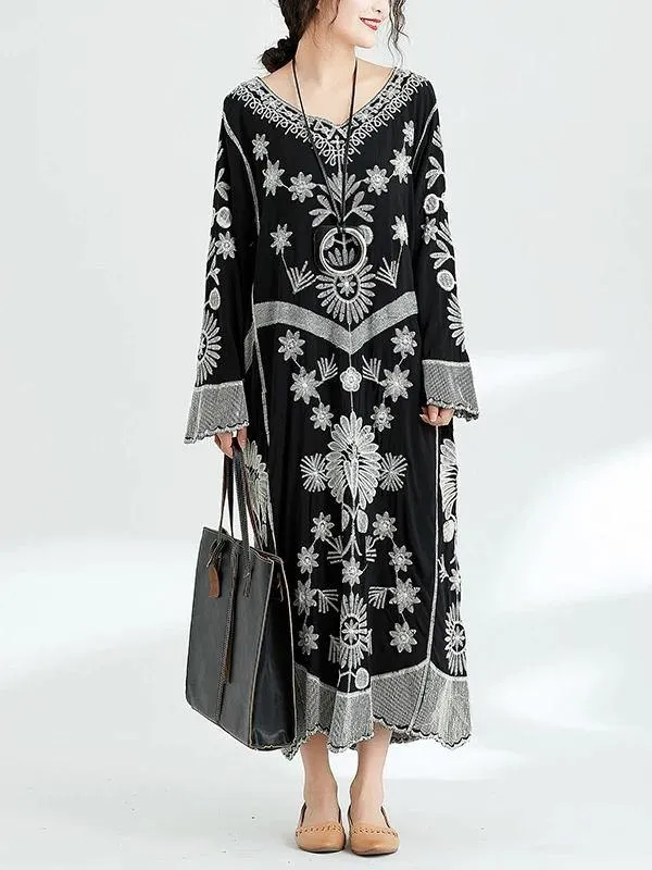 French black print v neck baggy cotton robes spring Dresses