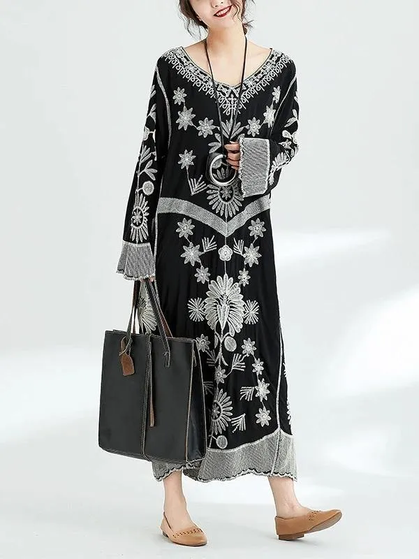 French black print v neck baggy cotton robes spring Dresses