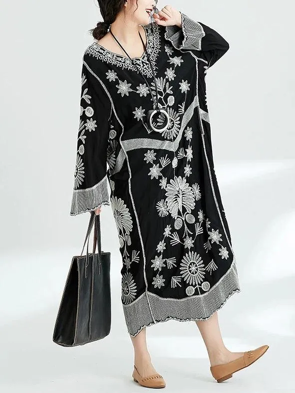 French black print v neck baggy cotton robes spring Dresses