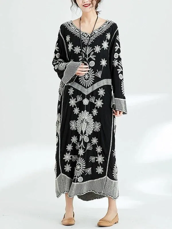 French black print v neck baggy cotton robes spring Dresses