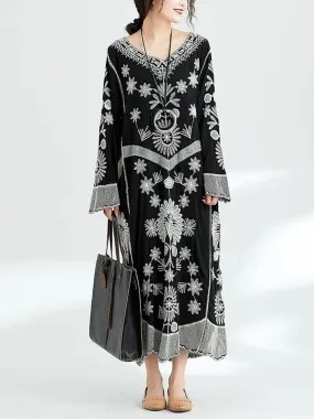 French black print v neck baggy cotton robes spring Dresses