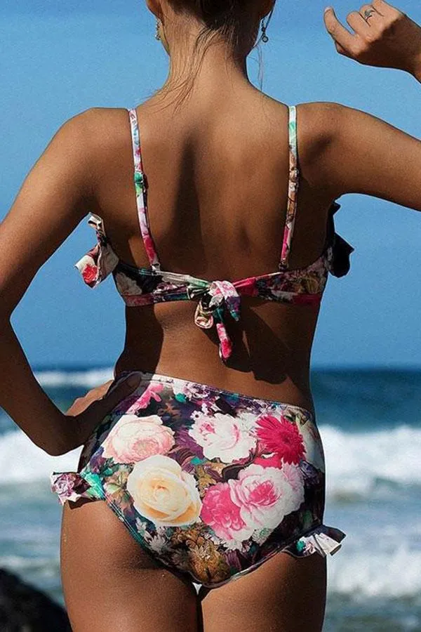 Girly Lace-Up Flower Print Bikini