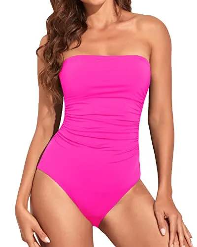 Halter One Piece Swimsuits Strapless Bathing Suits For Women-Neon Pink