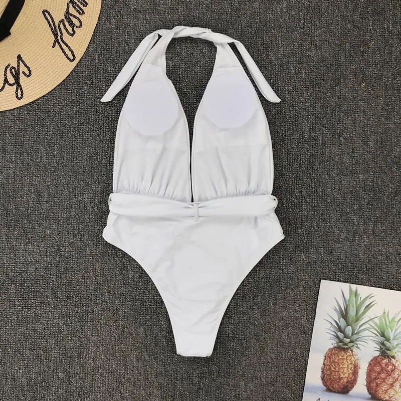 Halter Plain Low Back V Neck High Cut Swimsuits