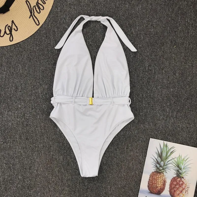 Halter Plain Low Back V Neck High Cut Swimsuits