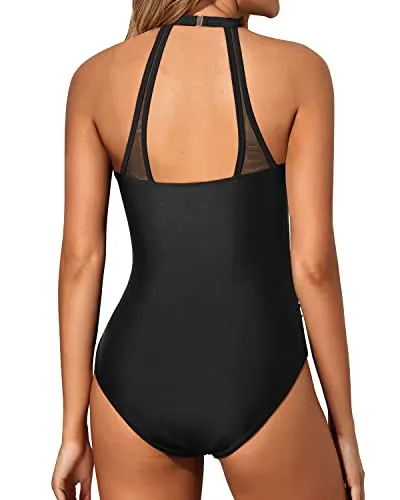 High Neck One Piece Swimsuit Tummy Control Bathing Suit Halter Swimwear-Black