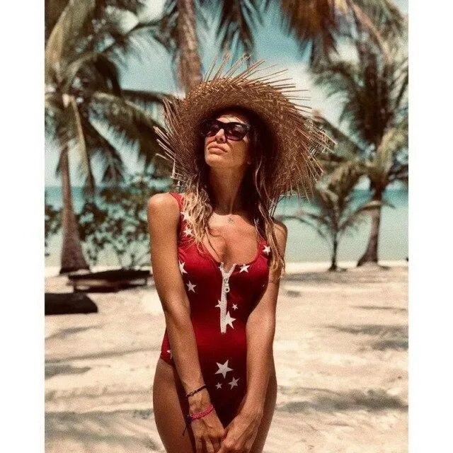 Hot Ladies' Zippered Push Up Bathing Suit With Striped Dots Print One Piece