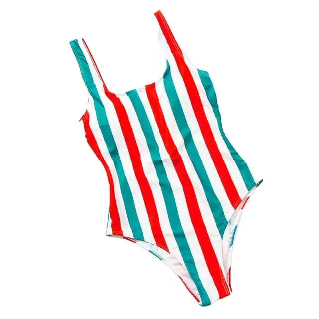 Hot Ladies' Zippered Push Up Bathing Suit With Striped Dots Print One Piece