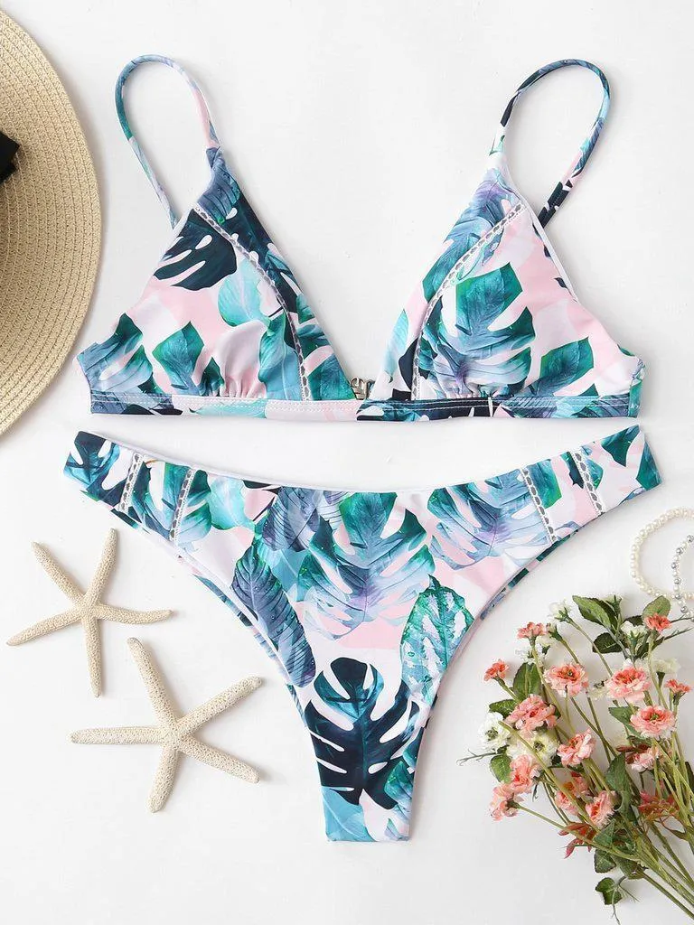 Lace Insert Tropical Bikini Set