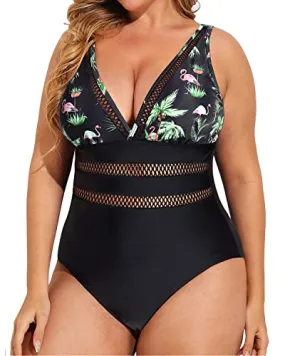 Ladies Sexy Mesh V-Neck Slimming One Piece Swimsuits-Black Palm Tree