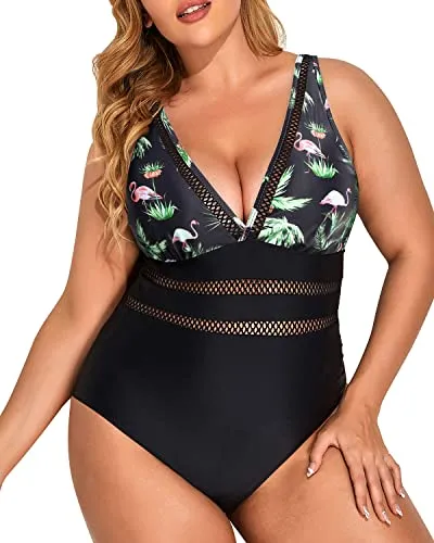 Ladies Sexy Mesh V-Neck Slimming One Piece Swimsuits-Black Palm Tree