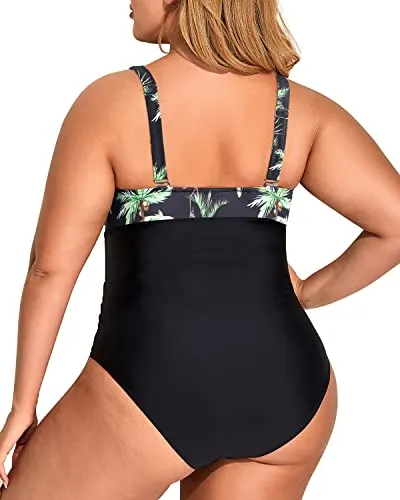 Ladies Sexy Mesh V-Neck Slimming One Piece Swimsuits-Black Palm Tree