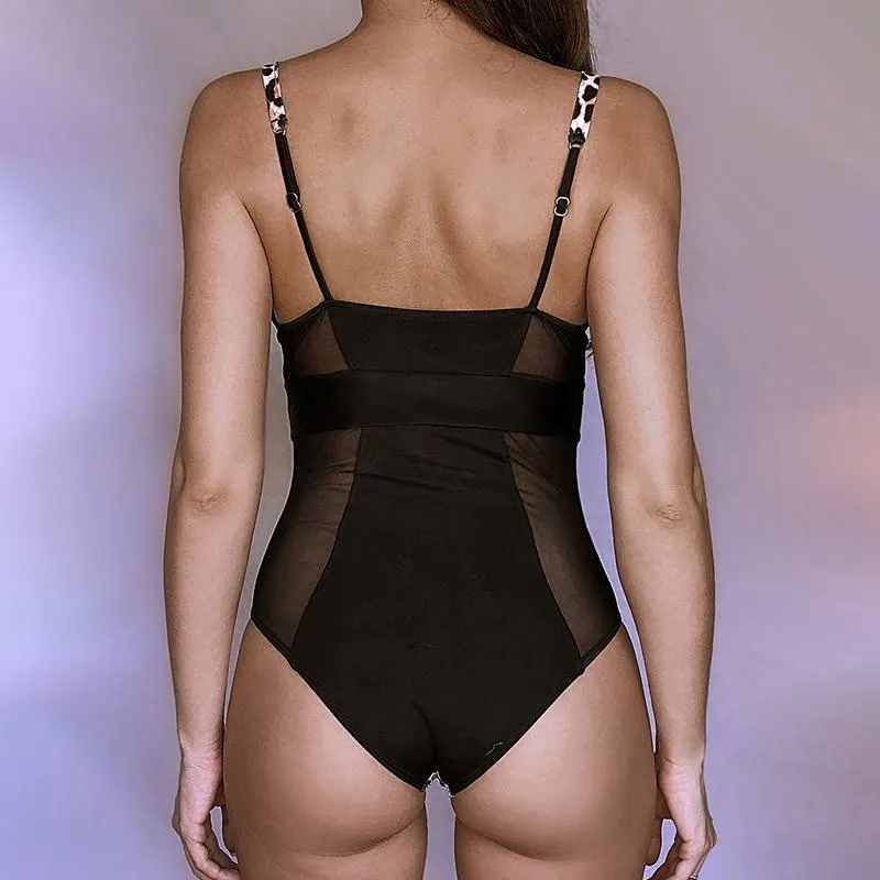 Leopard Mesh Patchwork High Rise High Cut Swimsuit