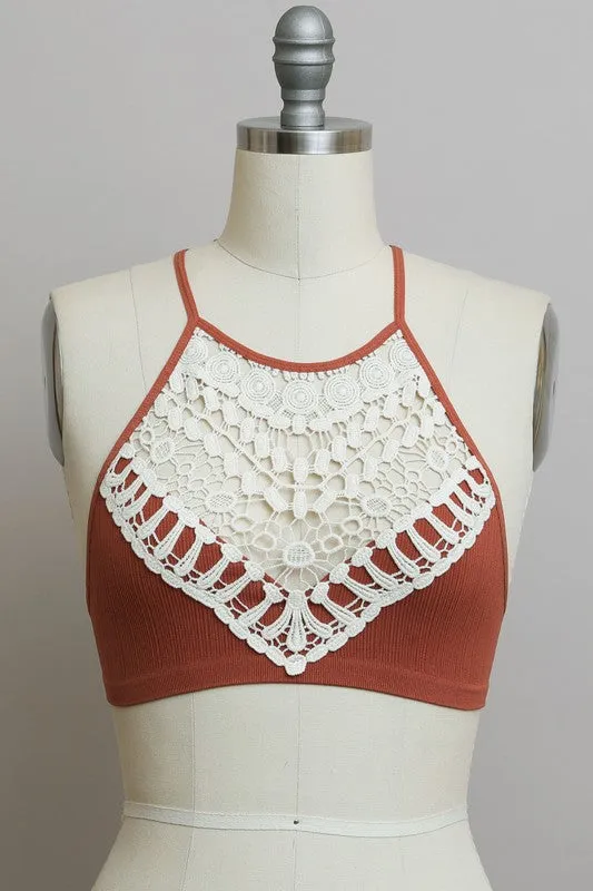 LETO Crochet Lace High Neck Bralette in 6 Sexy Color Choices in Size XS/S or M/L