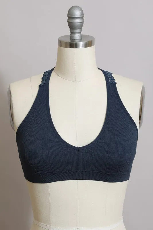 LETO Seamless Front Lace Racerback Bralette in 5 Sexy Color Choices in Size S, M, or L