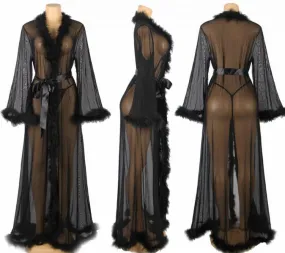 Long Sheer Marabou Robe - Black -