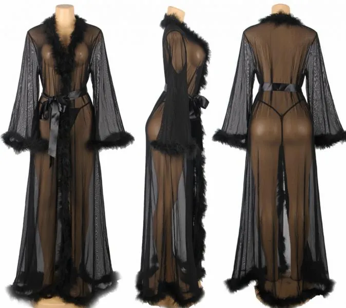 Long Sheer Marabou Robe - Black -