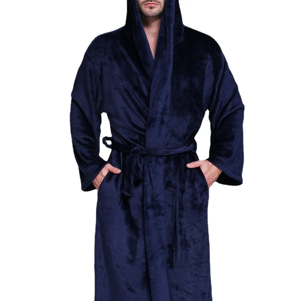 Men's Thick Velvet Fleece Hooded Pajamas Robe - Pure Color, Comfy & Soft Sleepwear