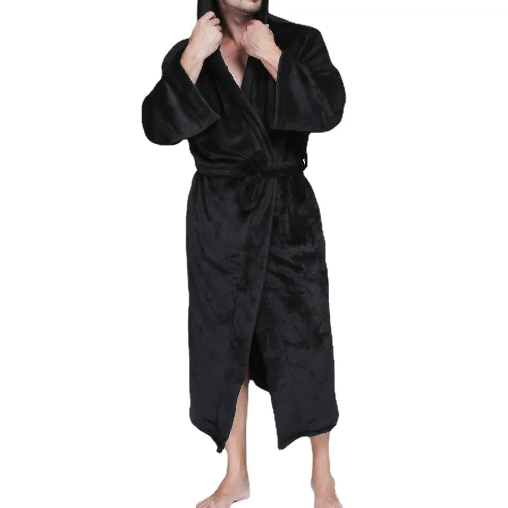 Men's Thick Velvet Fleece Hooded Pajamas Robe - Pure Color, Comfy & Soft Sleepwear