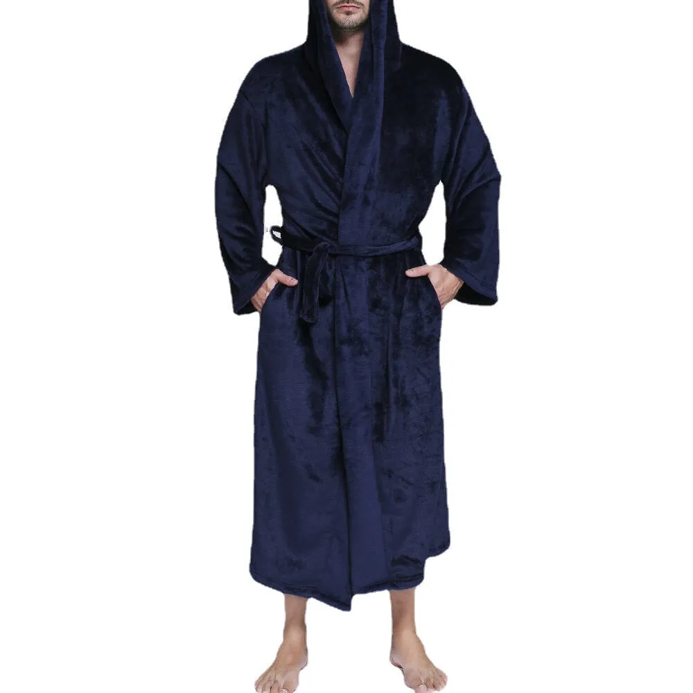 Men's Thick Velvet Fleece Hooded Pajamas Robe - Pure Color, Comfy & Soft Sleepwear