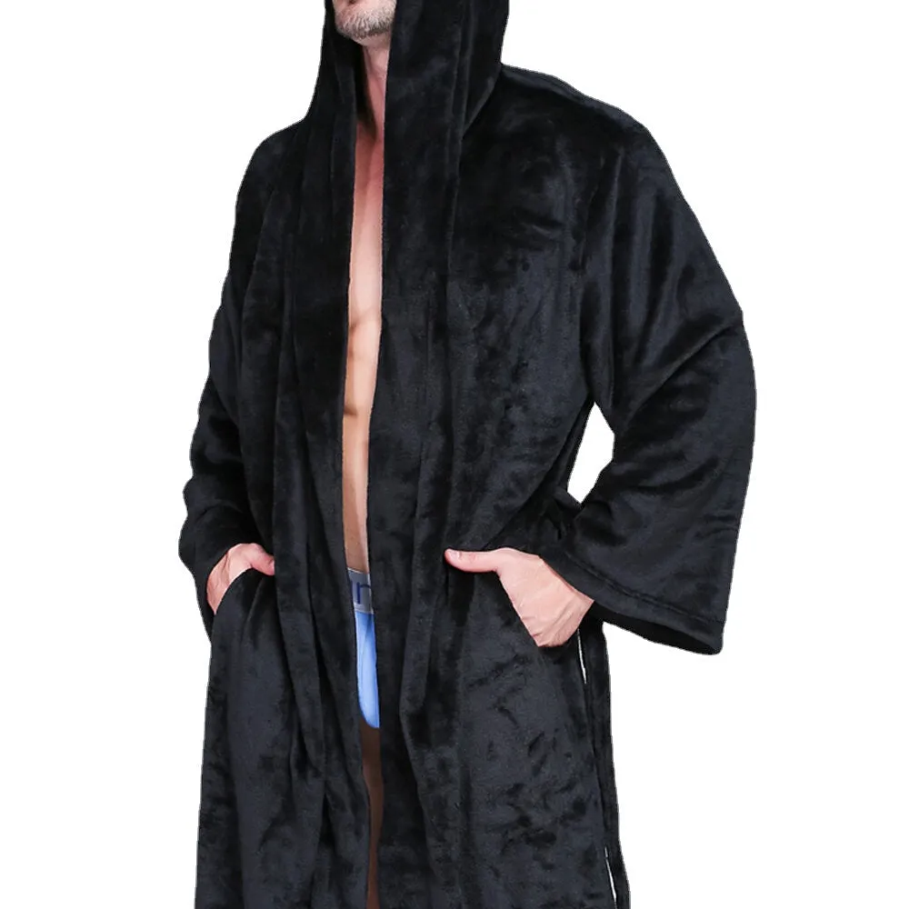 Men's Thick Velvet Fleece Hooded Pajamas Robe - Pure Color, Comfy & Soft Sleepwear