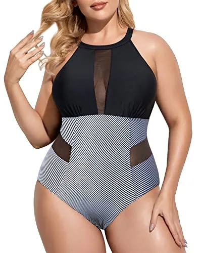 Mesh Cut Out One Piece Swimwear For Plus Size Women-Black Stripe