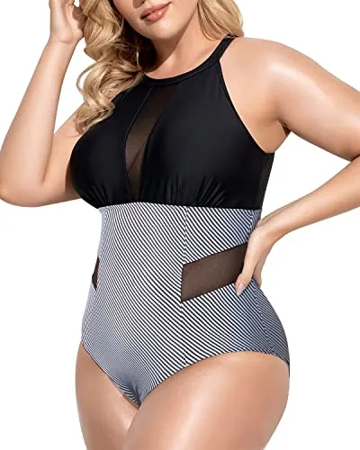 Mesh Cut Out One Piece Swimwear For Plus Size Women-Black Stripe