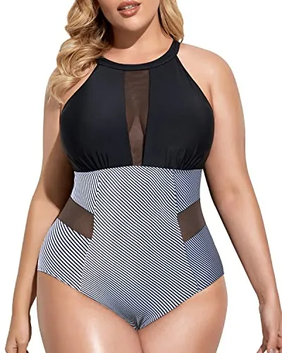 Mesh Cut Out One Piece Swimwear For Plus Size Women-Black Stripe