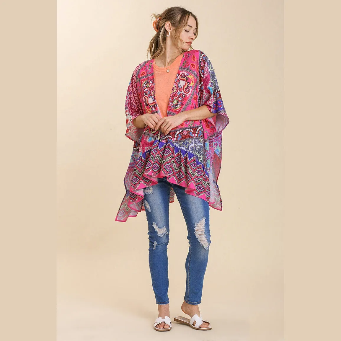 Mixed Print Ruffle Hem Open Front Cover Up