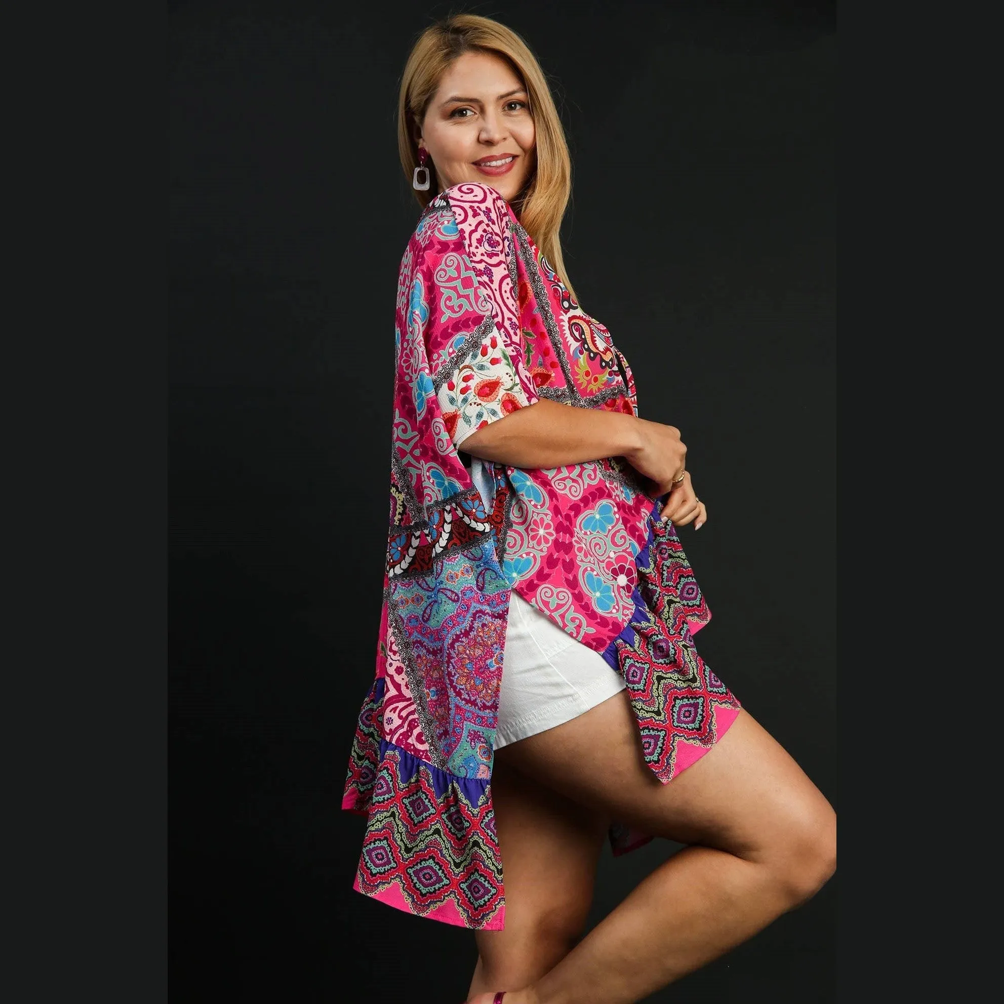 Mixed Print Ruffle Hem Open Front Cover Up