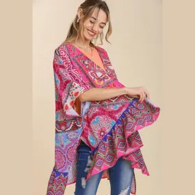 Mixed Print Ruffle Hem Open Front Cover Up