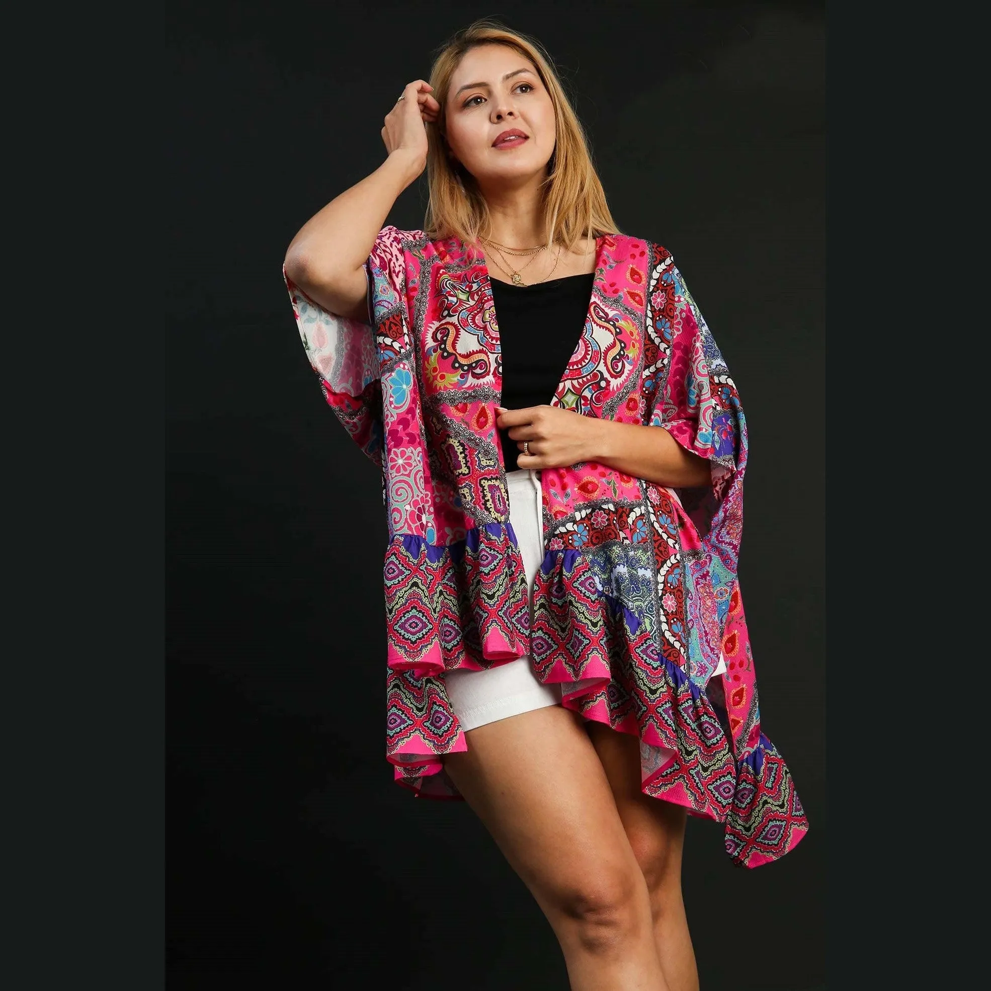 Mixed Print Ruffle Hem Open Front Cover Up