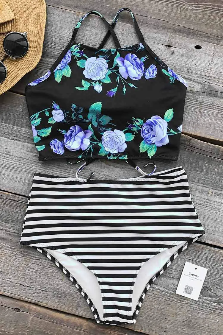 Modern Striped High-Waisted Bikini Swimwear