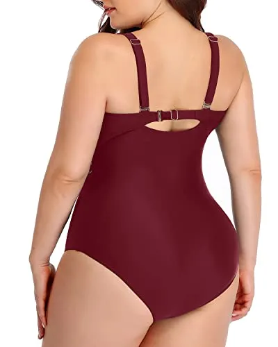 Modest High Neck Mesh One Piece Bathing Suits For Women Plus Size-Maroon