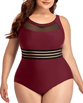Modest High Neck Mesh One Piece Bathing Suits For Women Plus Size-Maroon