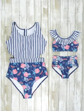 Mom & Me Navy Striped Floral Swimsuits