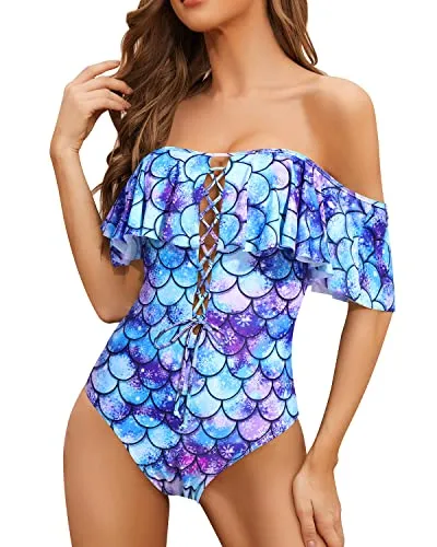 Off Shoulder Flounce Longer Torso One Piece Lace Up Ruffled Swimsuit-Blue-Purple Mermaid Scales