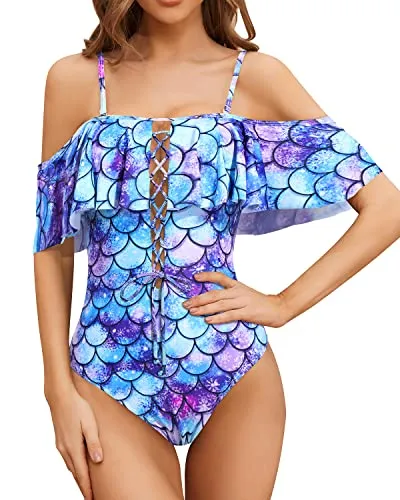 Off Shoulder Flounce Longer Torso One Piece Lace Up Ruffled Swimsuit-Blue-Purple Mermaid Scales