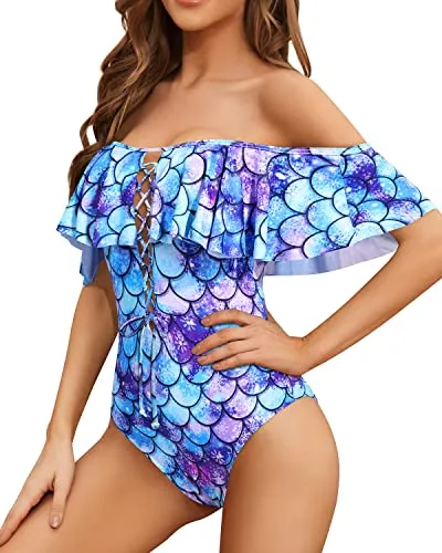 Off Shoulder Flounce Longer Torso One Piece Lace Up Ruffled Swimsuit-Blue-Purple Mermaid Scales
