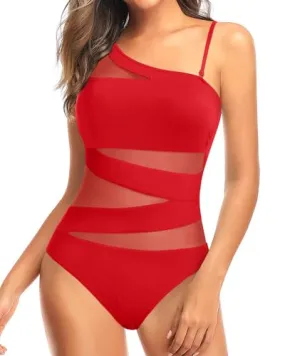 One Shoulder Mesh One Piece Swimsuit