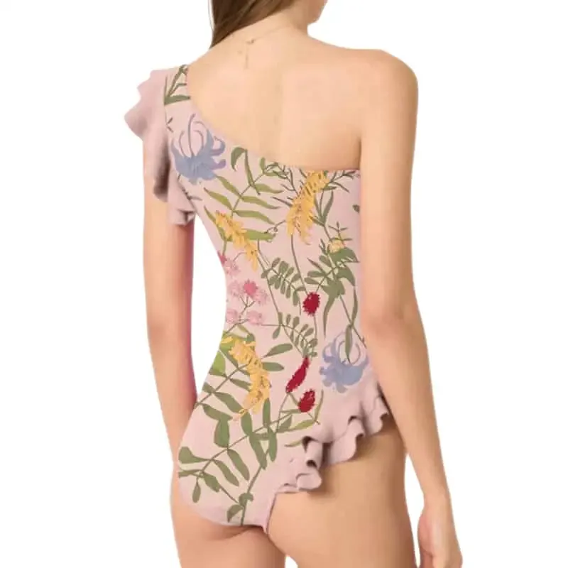 One Shoulder Ruffled Floral One Piece Skirt Swimsuit