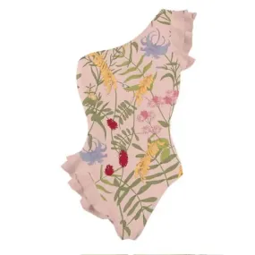 One Shoulder Ruffled Floral One Piece Skirt Swimsuit