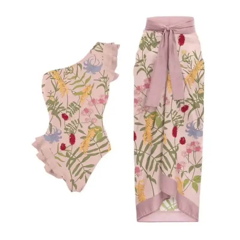 One Shoulder Ruffled Floral One Piece Skirt Swimsuit